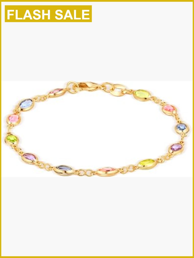 18k Gold Plated Multicolor Crystal Link Bracelet 7.5 Inches
